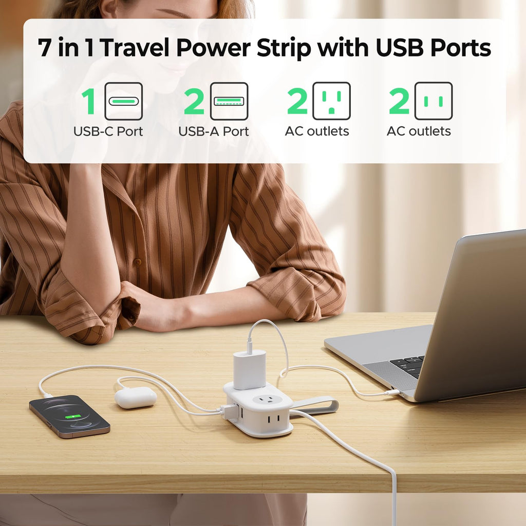 Compact Travel Power Strip with USB C Charging and Four Outlet Design for Cruise and Daily Travel Use