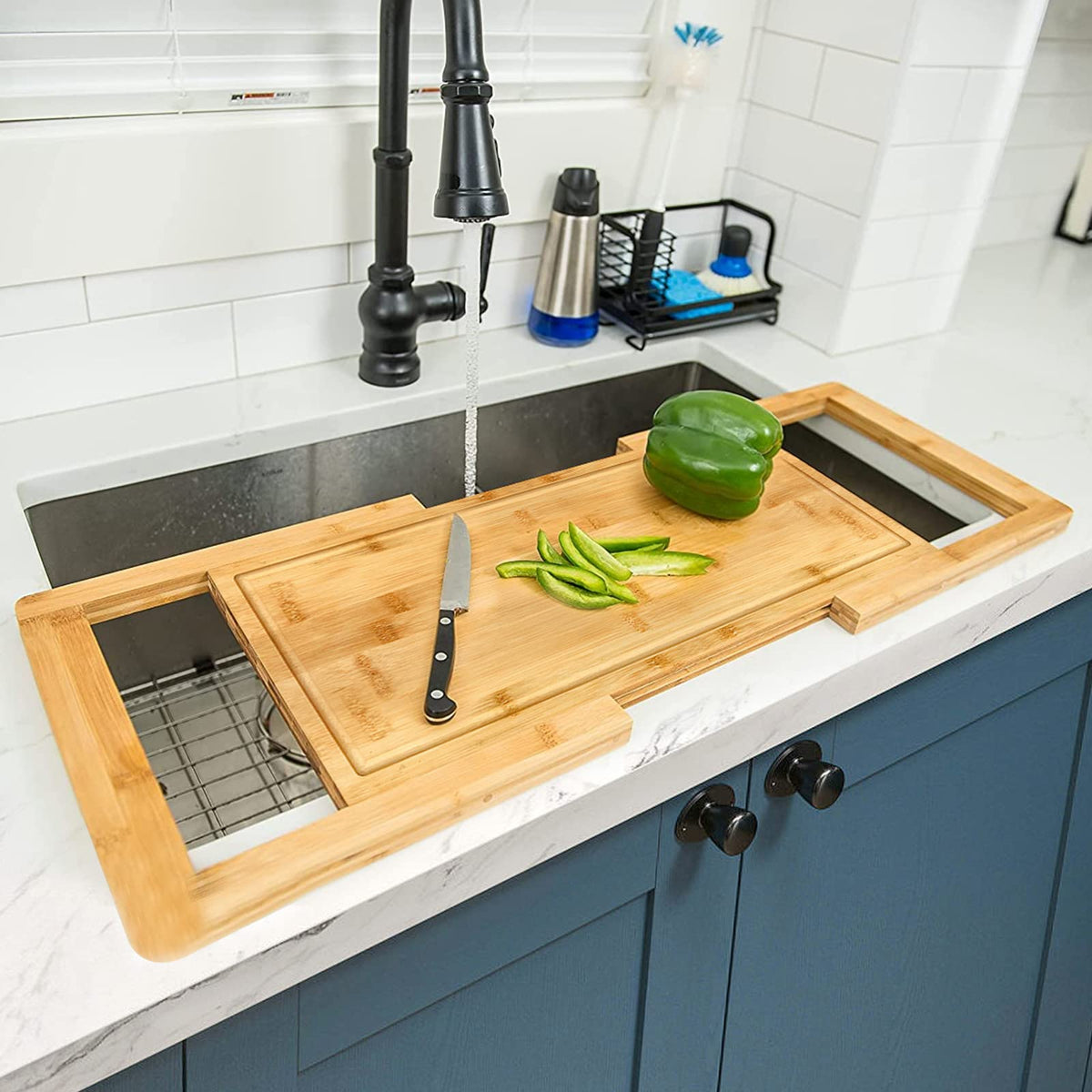 Expandable Bamboo Cutting Board with Juice Groove for Over-Sink Food Preparation and Extra Counter Space