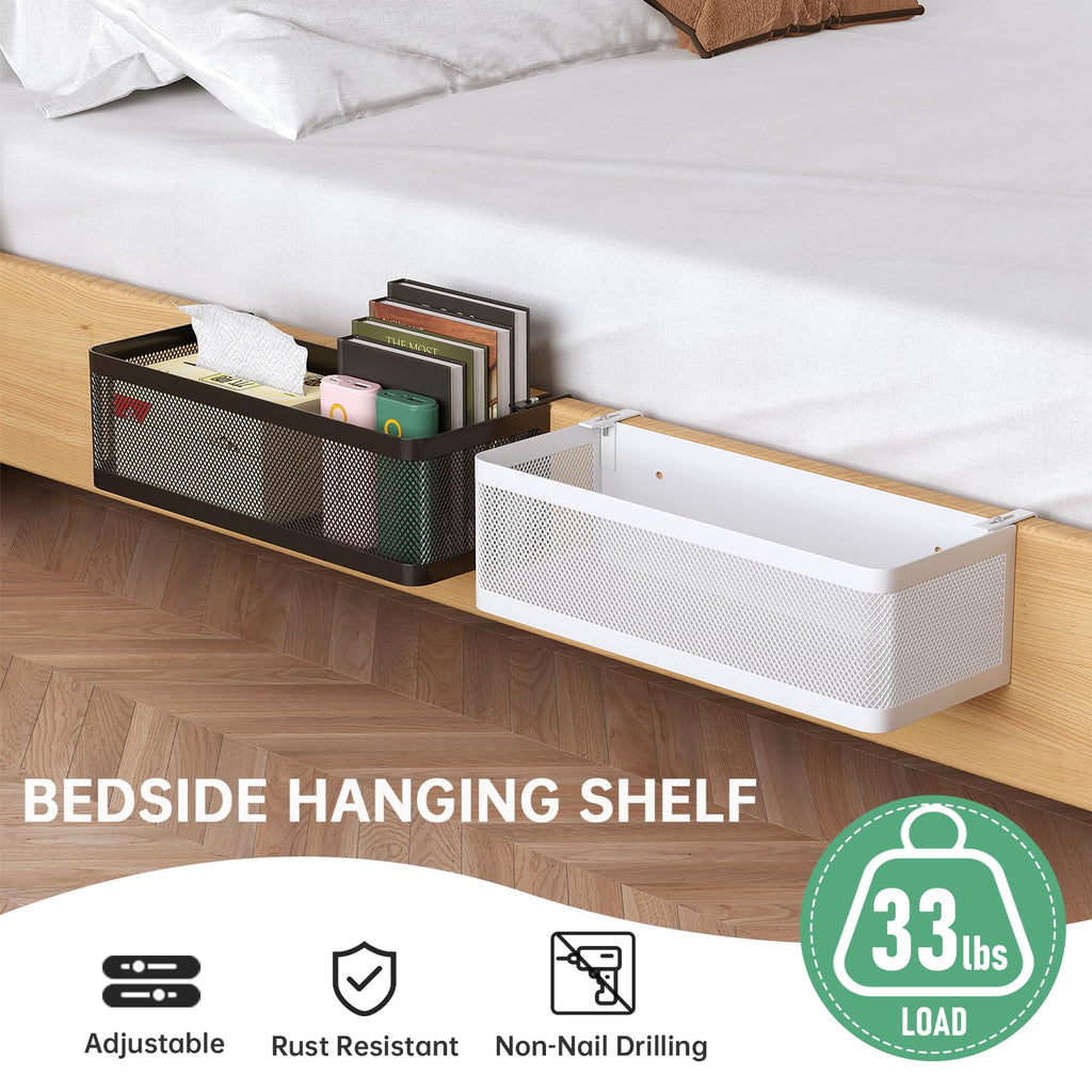 Metal Bedside Hanging Basket Organizer with Hooks for Dorm Rooms, Bunk Beds, and Small Space Storage