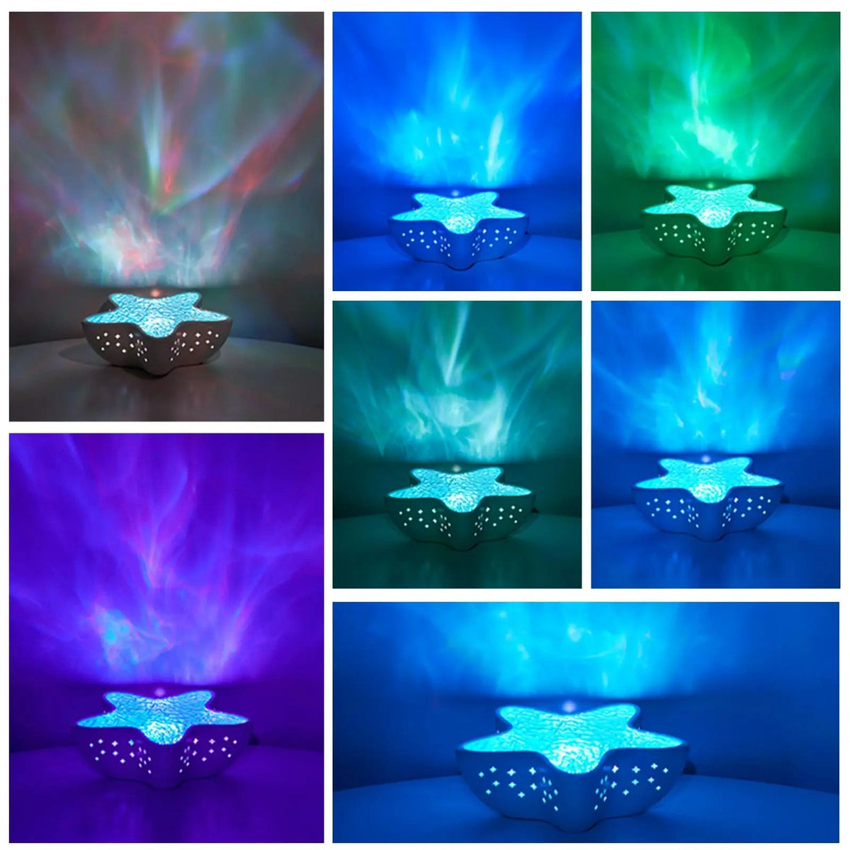 Starfish Projection Lamp with Seven Color Ocean Wave Lighting and USB Rechargeable Design for Bedroom and Ambient Room Decor