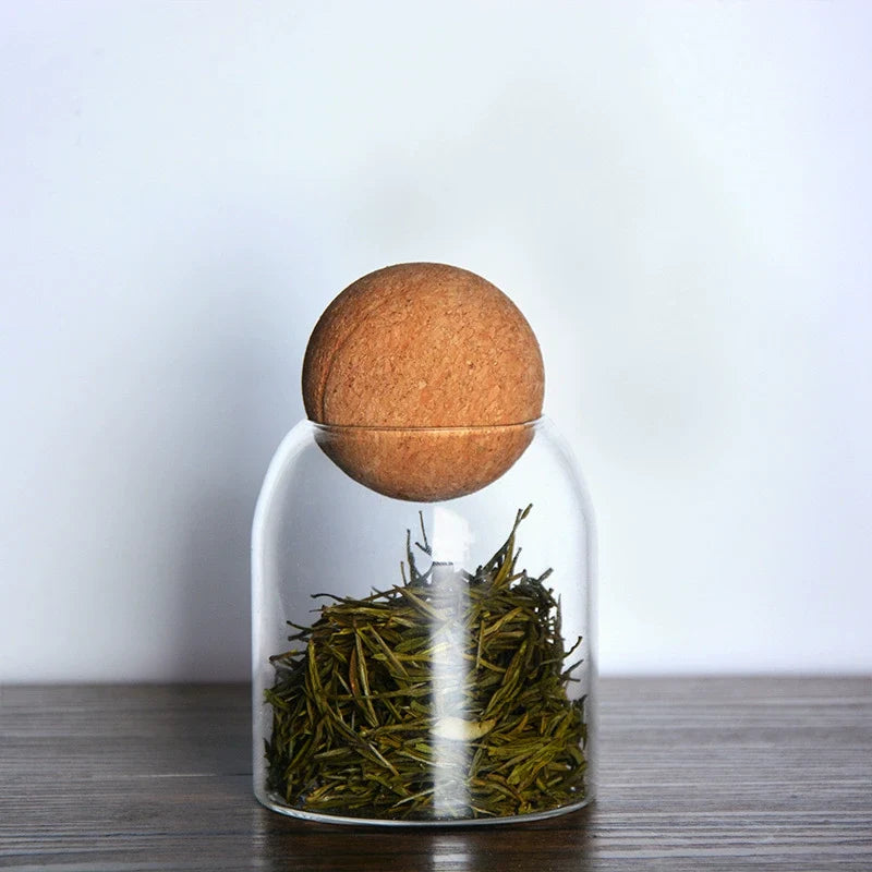 Round Cork Glass Jar with Sealed Display Design for Tea Coffee Beans Dried Flowers and Pantry Storage