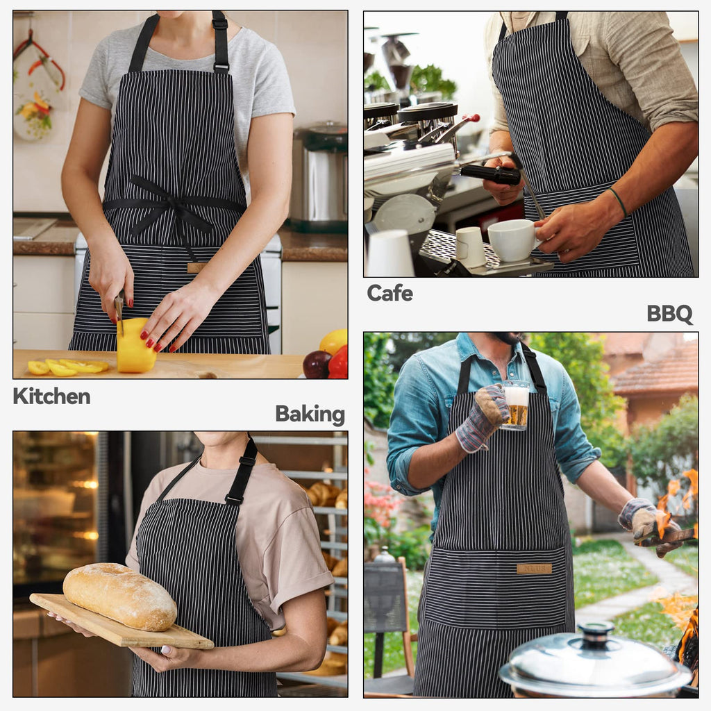 2 Pcs Striped Kitchen Cooking Apron Adjustable Neck Bib Apron with Two Pockets for Chef Baking Restaurant Work