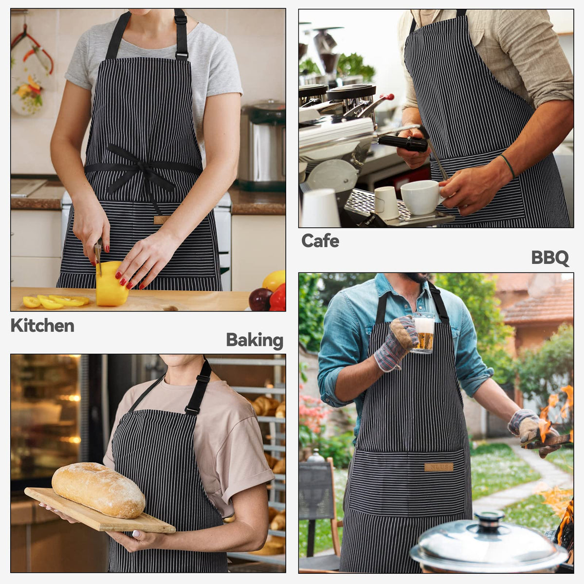 2 Pcs Striped Kitchen Cooking Apron Adjustable Neck Bib Apron with Two Pockets for Chef Baking Restaurant Work