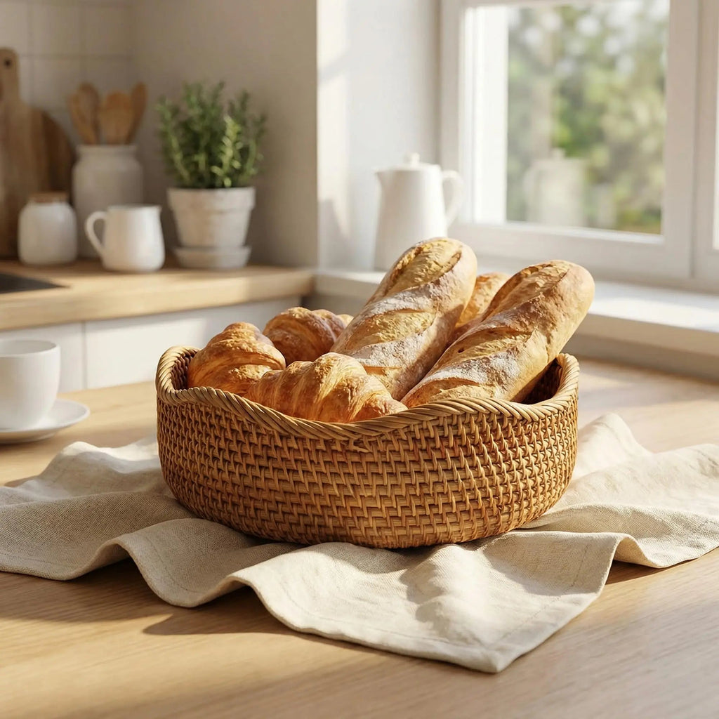 Handwoven Rattan Storage Basket Set of 3 Round Wicker Serving Trays for Kitchen and Countertop