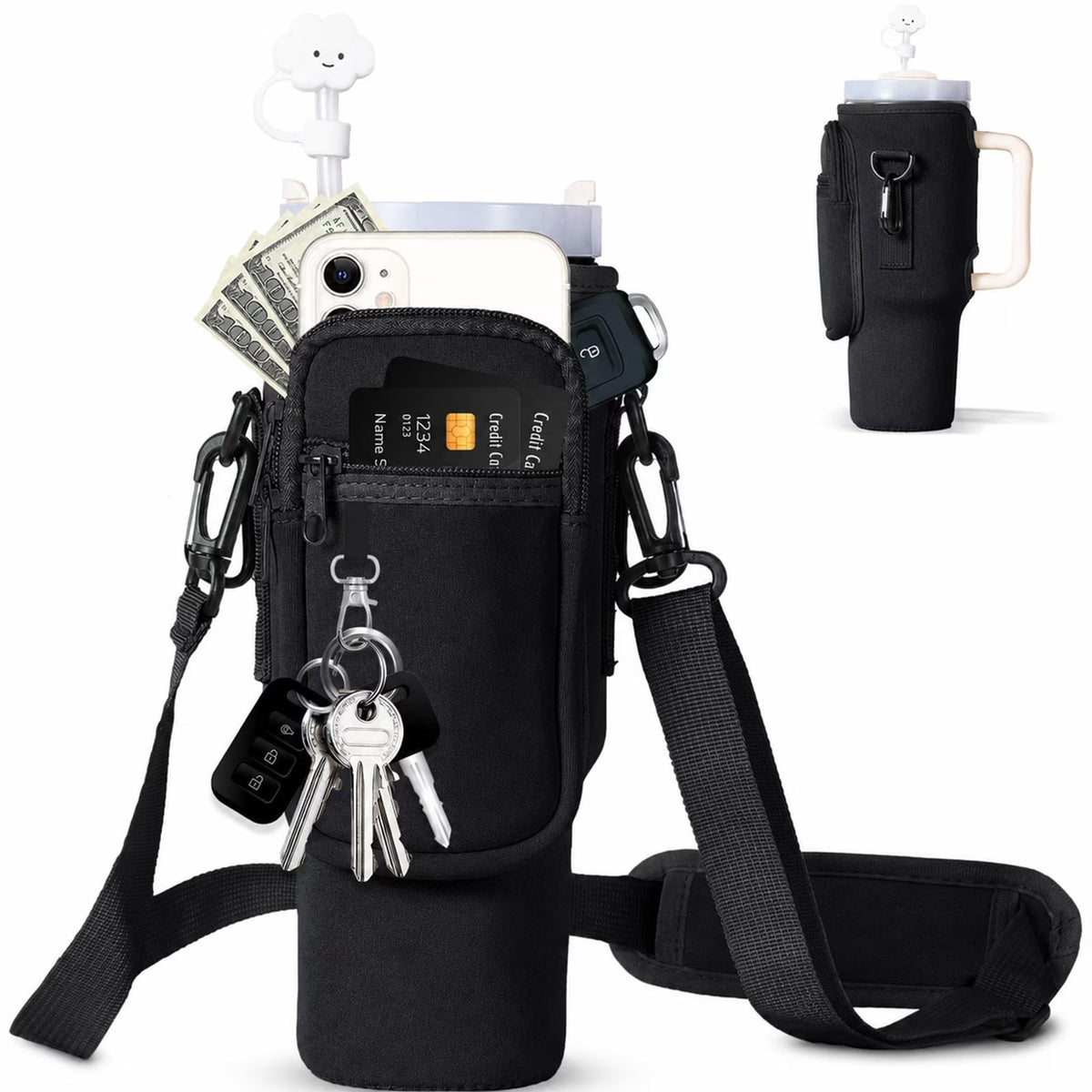 Water Bottle Carrier Bag with Adjustable Strap and Phone Pocket for 40oz Handled Tumblers