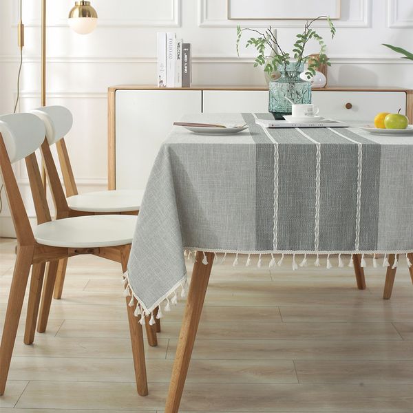 Linen Table Cloth Farmhouse Cotton Blend with Water Resistant Coating and Tassel Edges for Dining Table