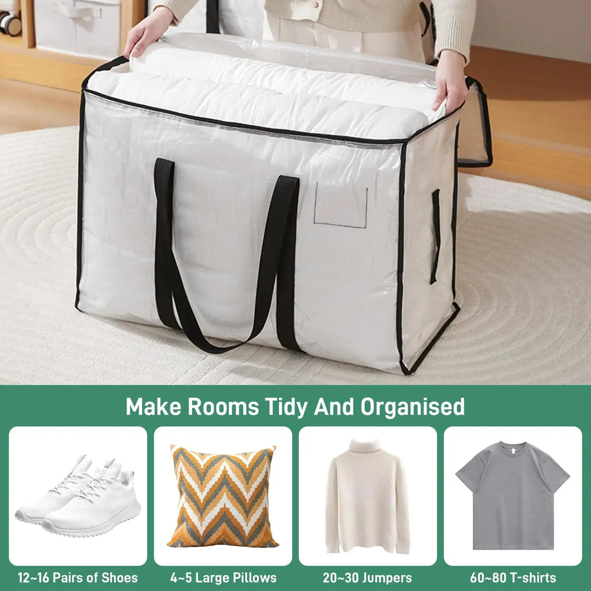 Transparent Large Capacity Quilted Storage Bag with Double Zipper for Closet Clothing