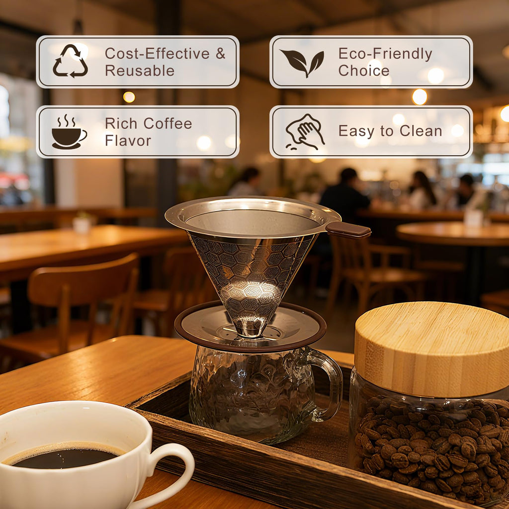 Stainless Steel Manual Coffee Brewer Reusable Double Layer Filter for Pour Over Brewing at Home Office or Travel (Filter Paper Not Included)