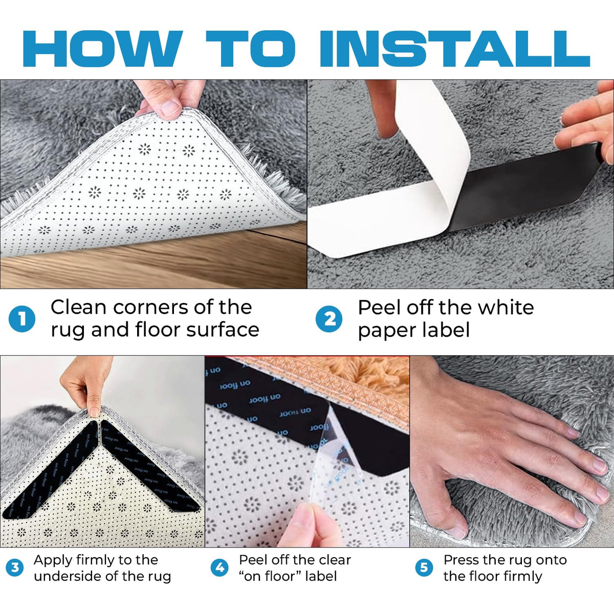 Rug Gripper Tape with Double-Sided Reusable Adhesive Pads for Securing Area Rugs on Smooth Indoor Floors