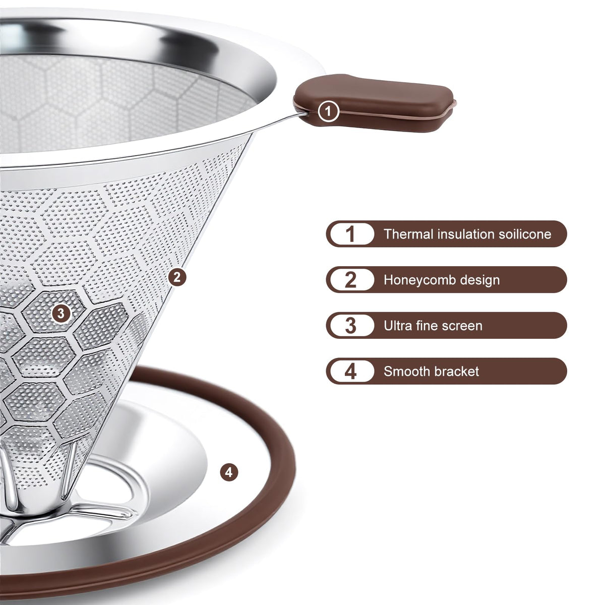 Stainless Steel Manual Coffee Brewer Reusable Double Layer Filter for Pour Over Brewing at Home Office or Travel (Filter Paper Not Included)
