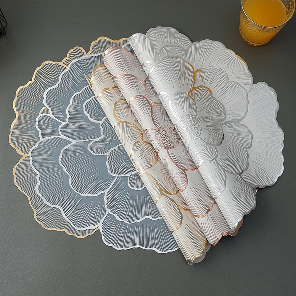 Nordic Style Peony Placemat Gold PVC Round Table Mat Anti Slip Waterproof Dining Table Decor