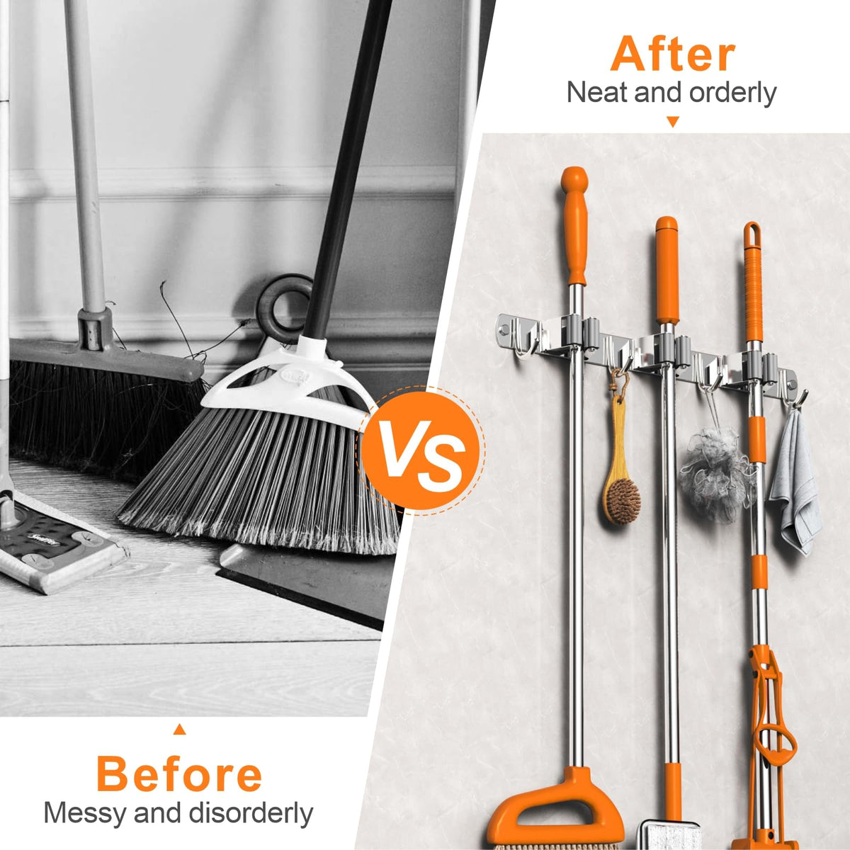 Stainless Steel Mop and Broom Holder Wall Mounted Organizer for Bathroom Kitchen and Cleaning Tool Storage (3 Clips + 4 Hooks Design)