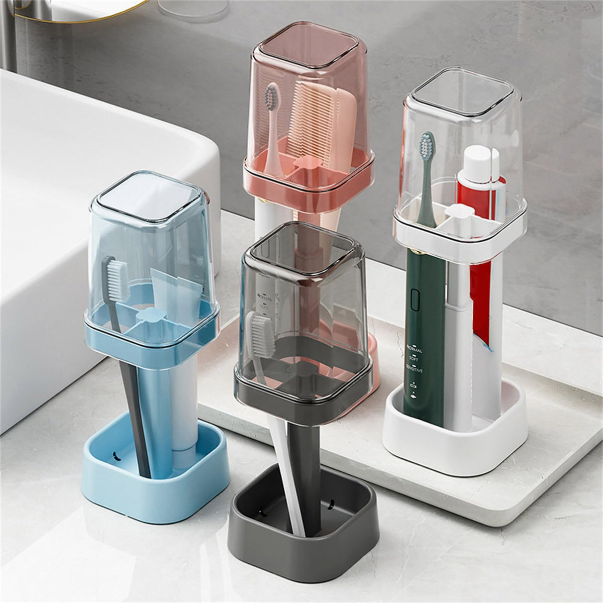 Toothbrush Holder with Mouthwash Cup and Dustproof Cover for Bathroom Counter Organization