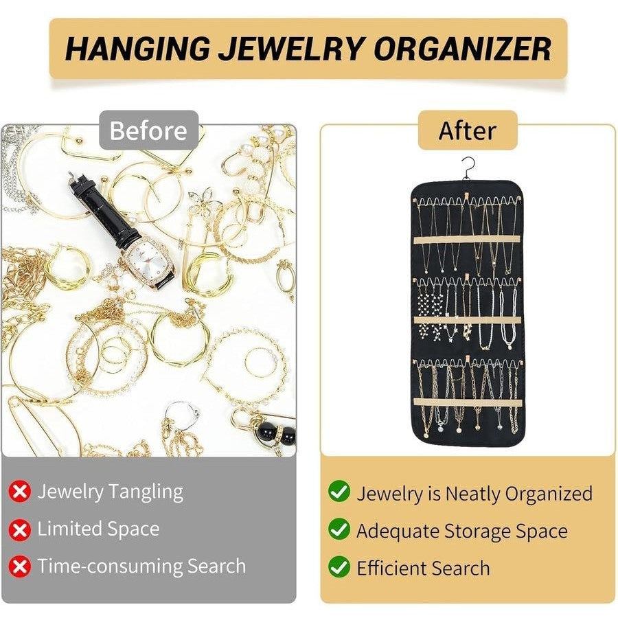 Double Sided Hanging Jewelry Organizer Roll with Metal Hooks for Earrings Necklaces Rings Storage