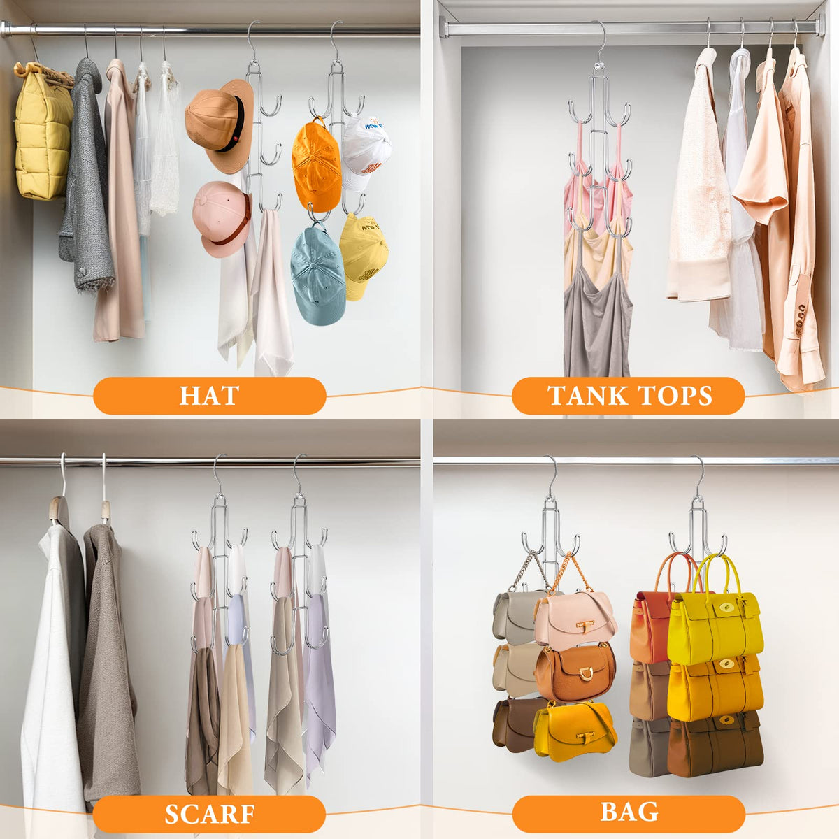 2 Pcs Rotating Hanger with Six Hook Metal Design for Closet Wardrobe and Bag Storage