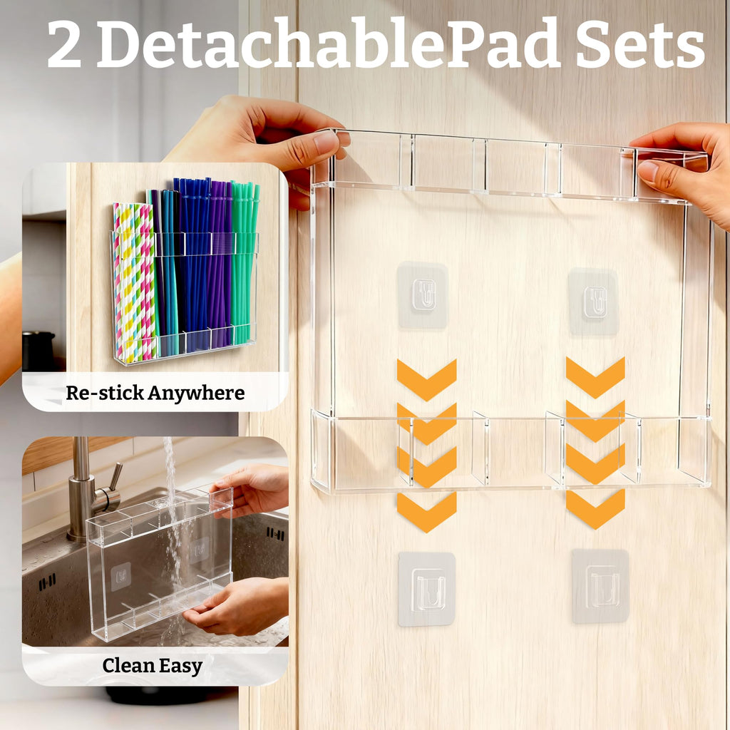 Acrylic Straw Holder with Adhesive Mount Design for Kitchen Countertop and Cabinet Storage