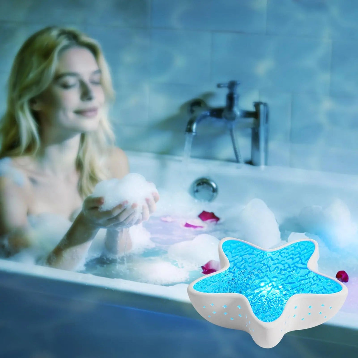 Starfish Projection Lamp with Seven Color Ocean Wave Lighting and USB Rechargeable Design for Bedroom and Ambient Room Decor