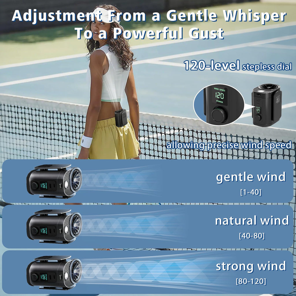 Portable Waist Fan with Rechargeable Battery and 3-Speed Clip Design for Outdoor Use