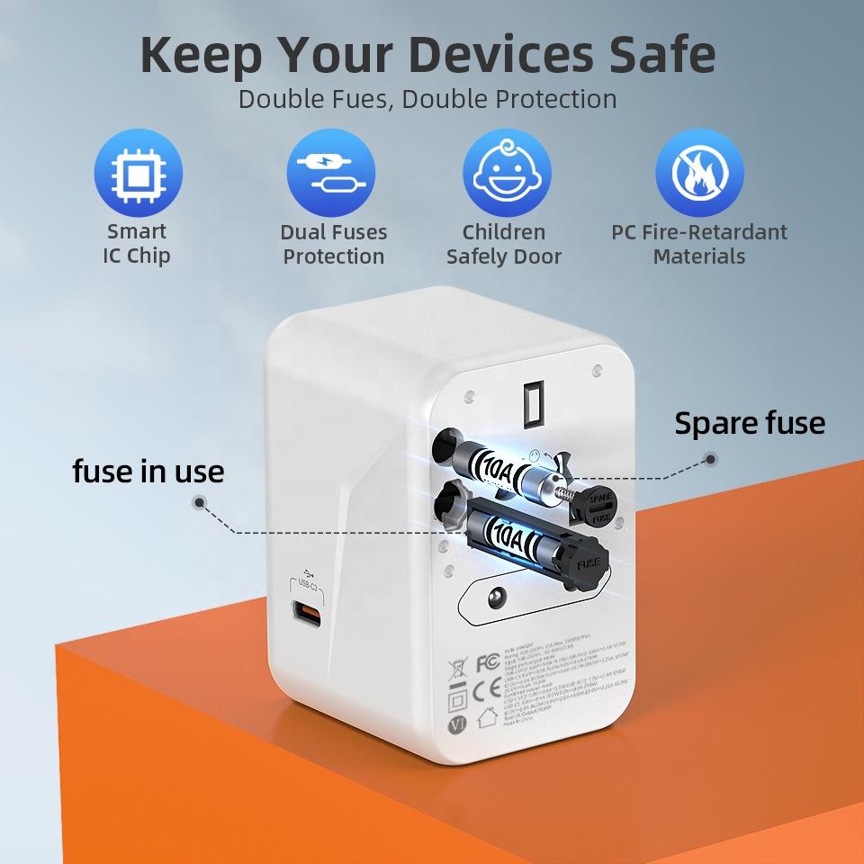 20W 2U-2C Universal Travel Adapter with USB and Type C Ports for International Charging During Travel