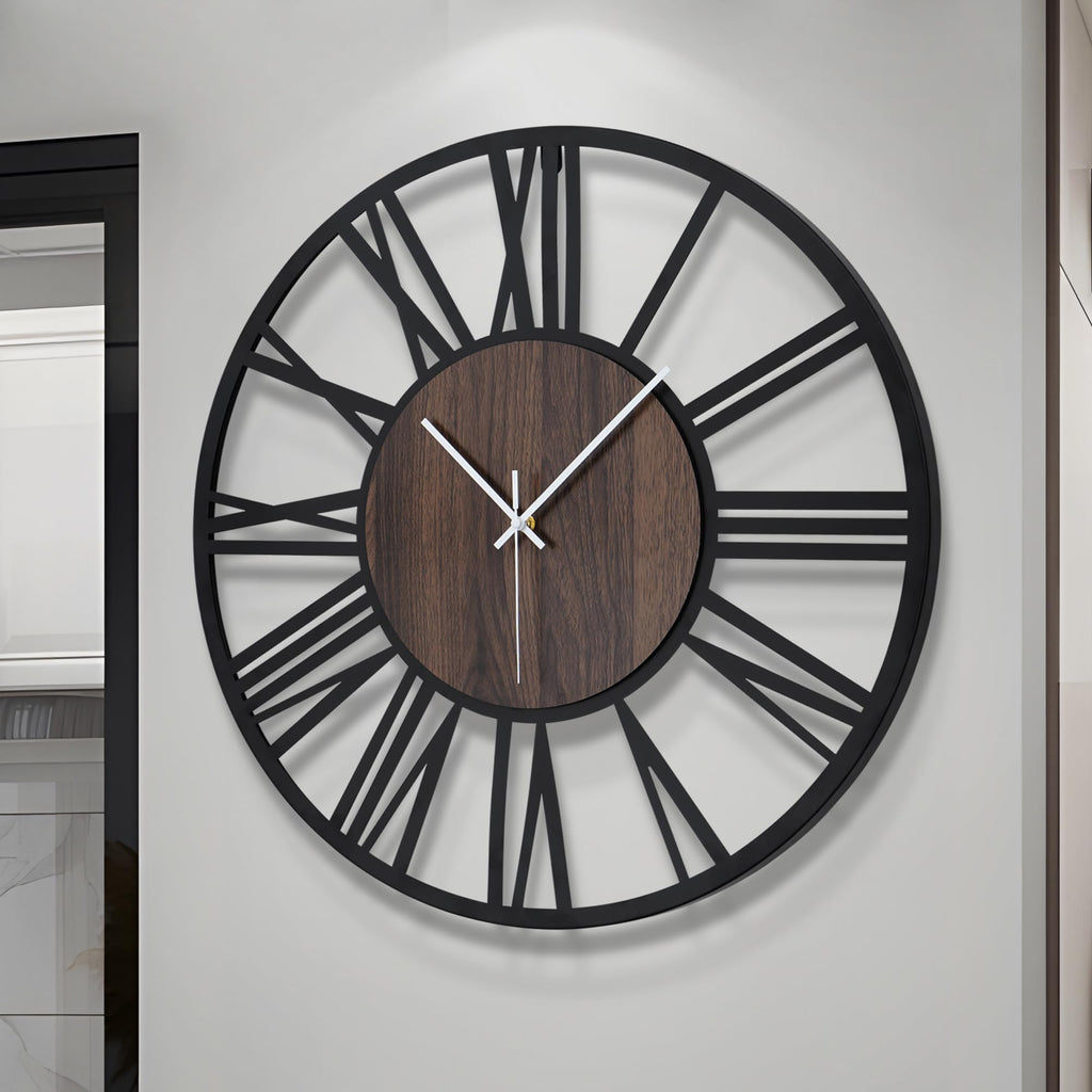 3D Roman Numeral Wall Clock with Silent Round Wood Metal Design for Living Room Decor