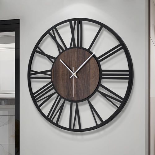 3D Roman Numeral Wall Clock with Silent Round Wood Metal Design for Living Room Decor