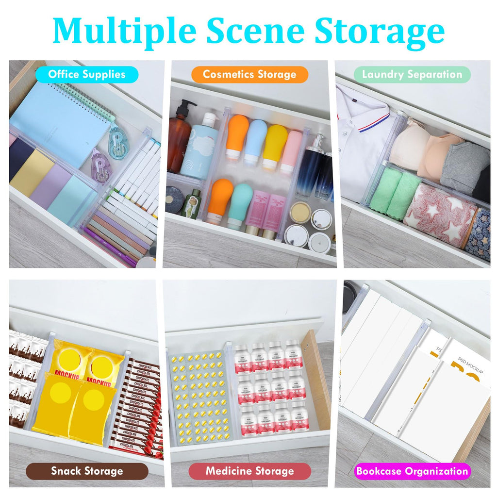 Clear Expandable Drawer Organizers with Adjustable Divider Design for Clothes and Kitchen Storage
