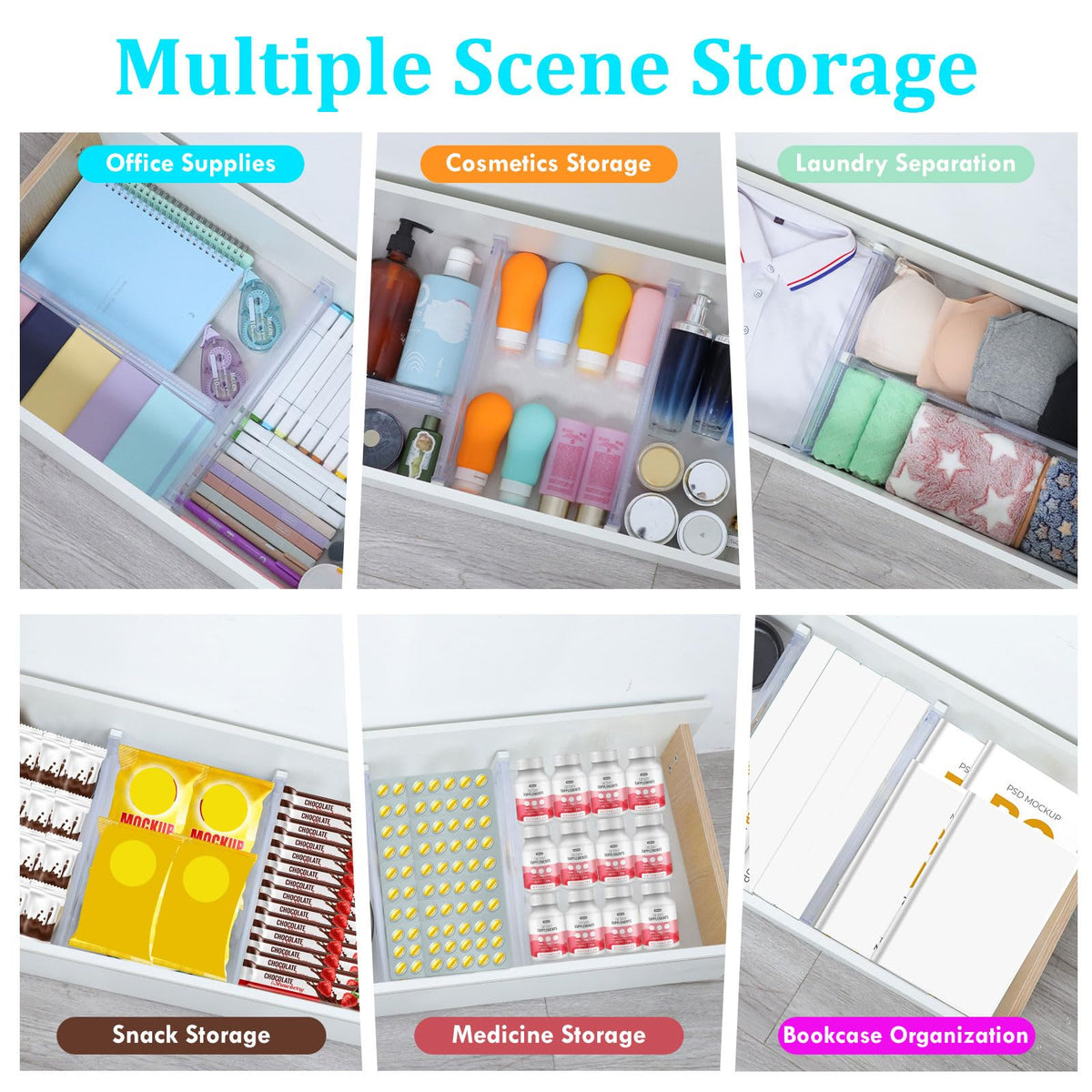 Clear Expandable Drawer Organizers with Adjustable Divider Design for Clothes and Kitchen Storage