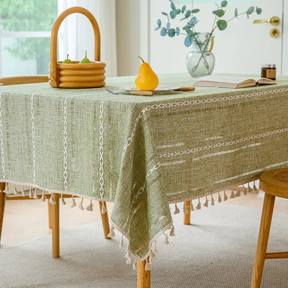 Farmhouse Style Linen Tablecloth with Hemstitched Edges for Rectangle Dining Tables