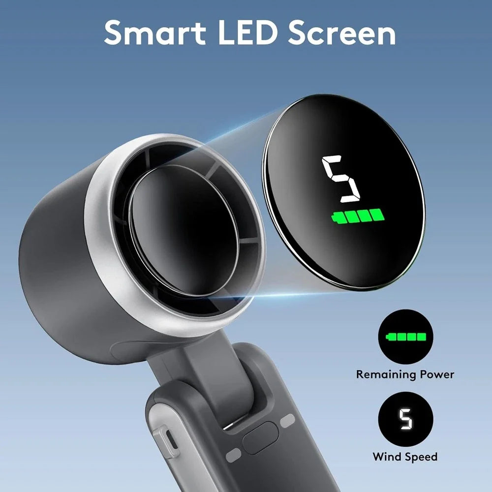 Portable Handheld Turbo Fan with 5 Speed Settings and Foldable Design for Travel and Outdoor Use