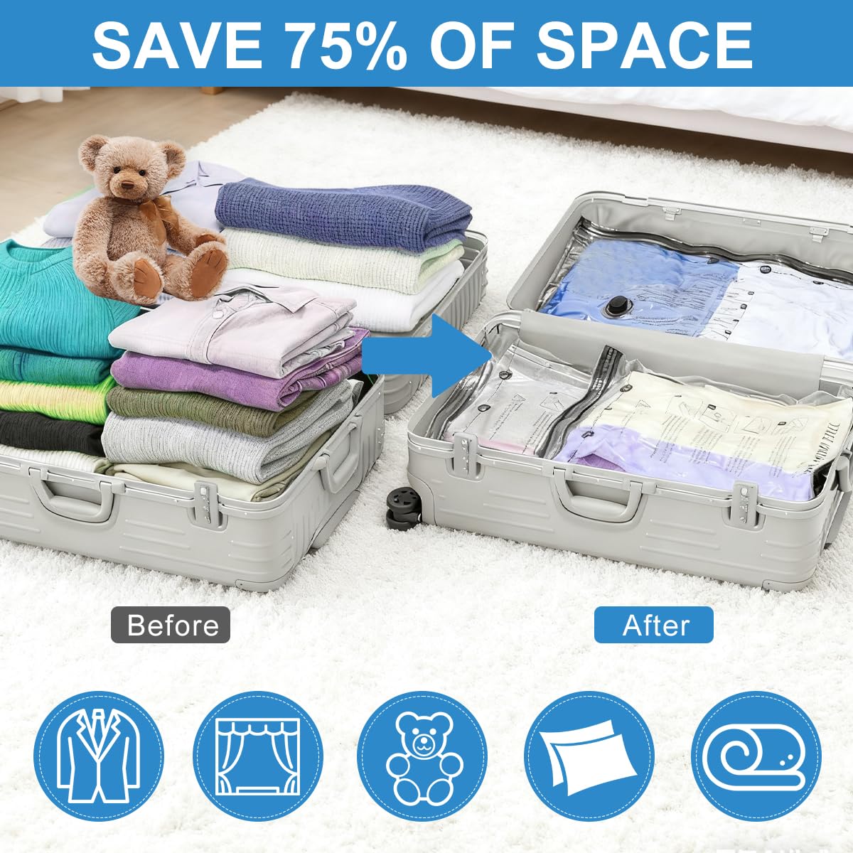 Vacuum Storage Bags with USB Electric Pump and Double Zipper Seal for Travel Compression (Included 8 Vacuum Storage bags + 1 Electric pump)