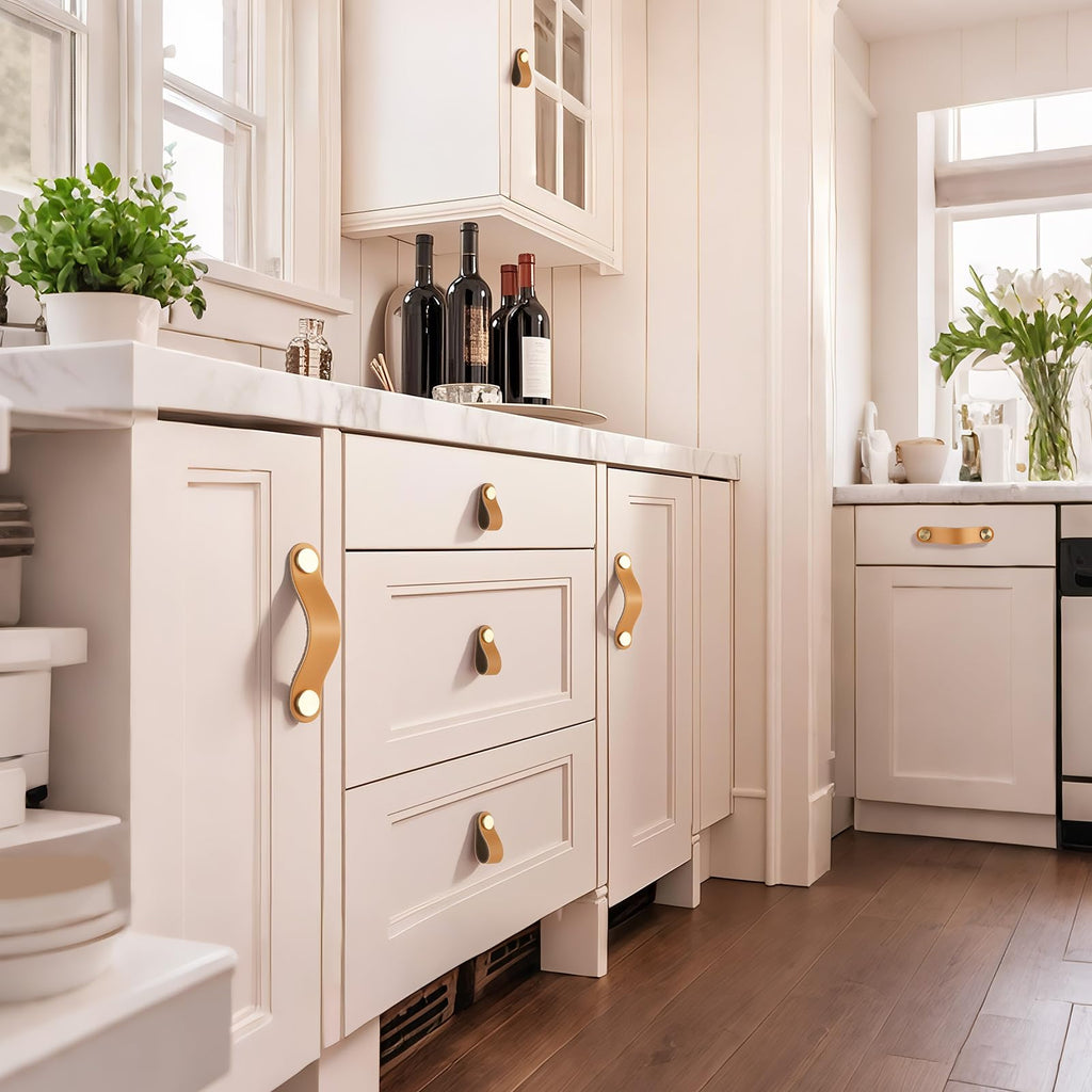 Faux Leather Drawer Pulls with Copper Head Hardware for Cabinets, Dressers, and Closets