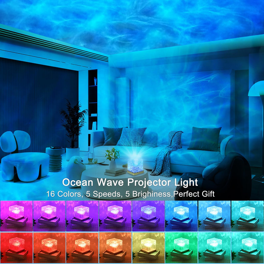 Ocean Wave Projector Light with 16 Color LED Cube and Remote Control for Ambient Room Lighting