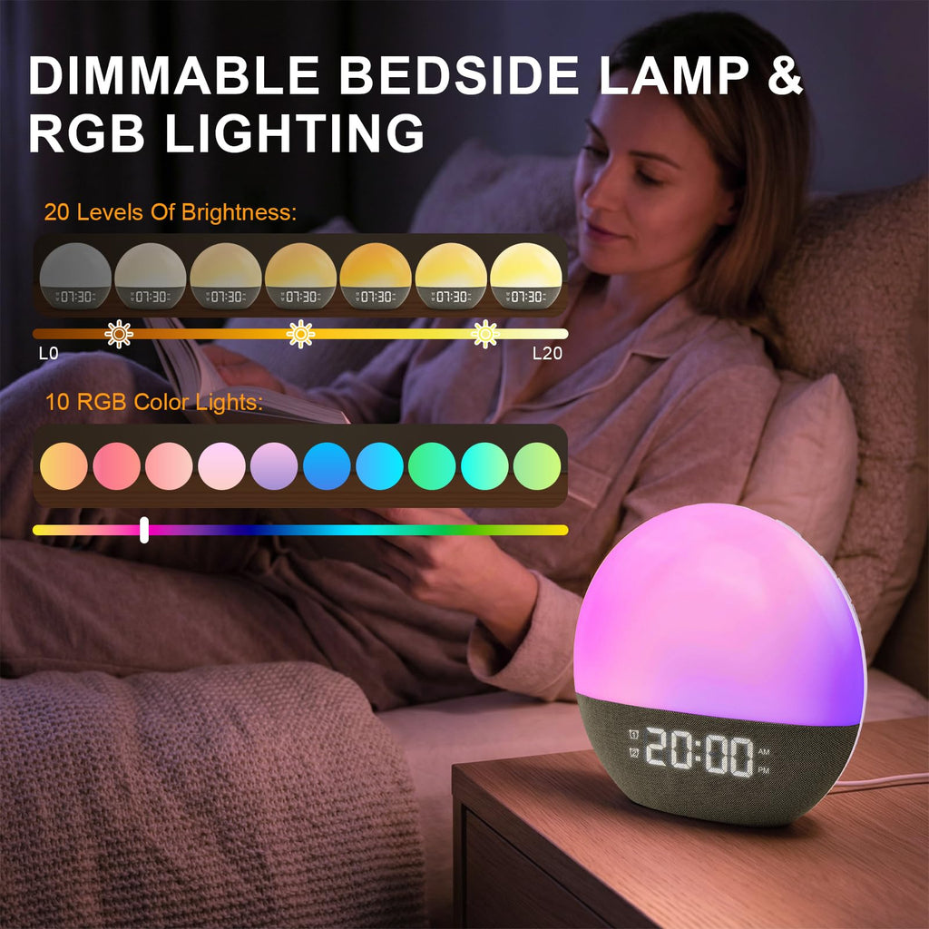 Sunrise Wake-Up Alarm Light with White Noise, Bluetooth Speaker, and Color-Changing Night Lamp for Bedroom