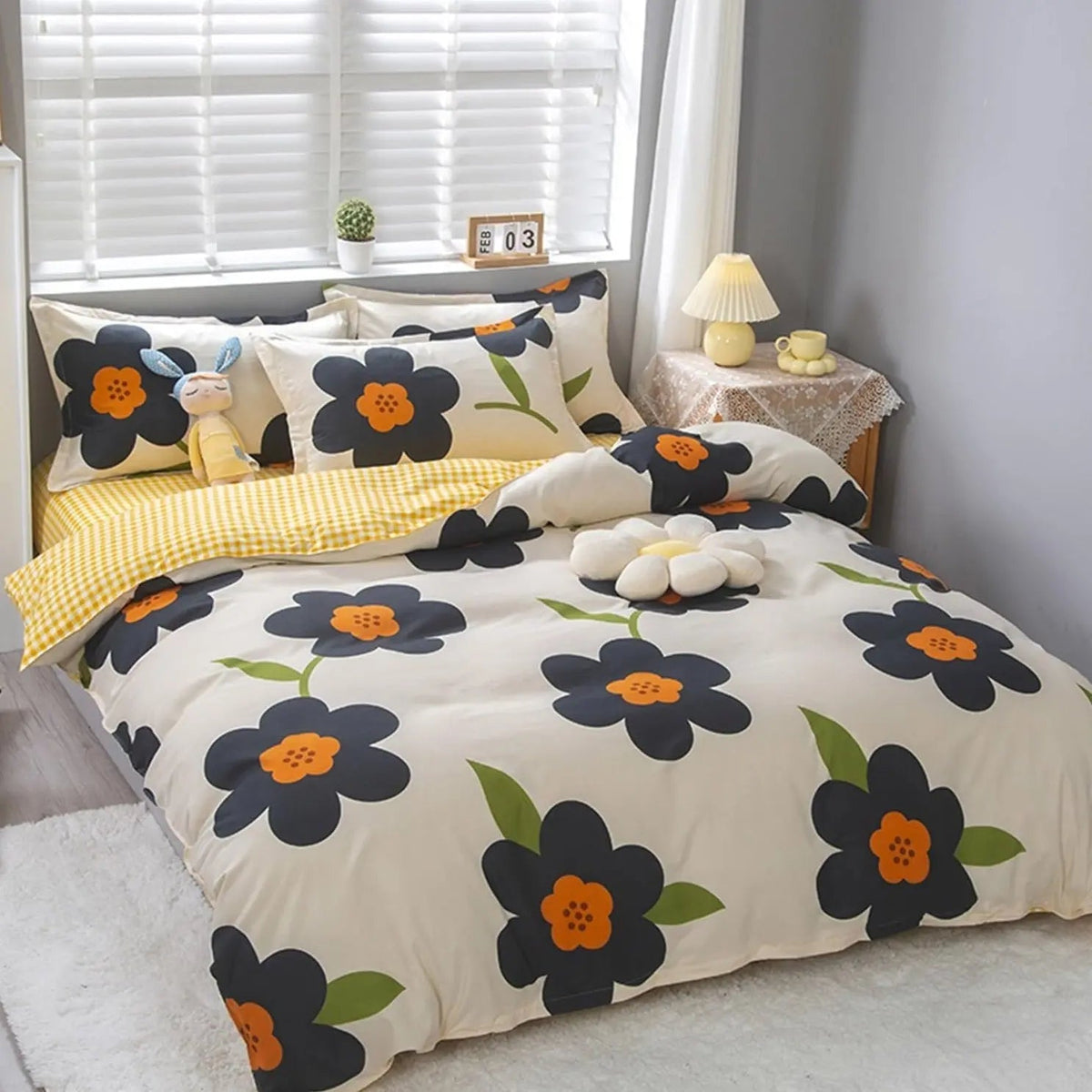 Botanical Floral Cotton Duvet Cover with Reversible Design for King Bedding
