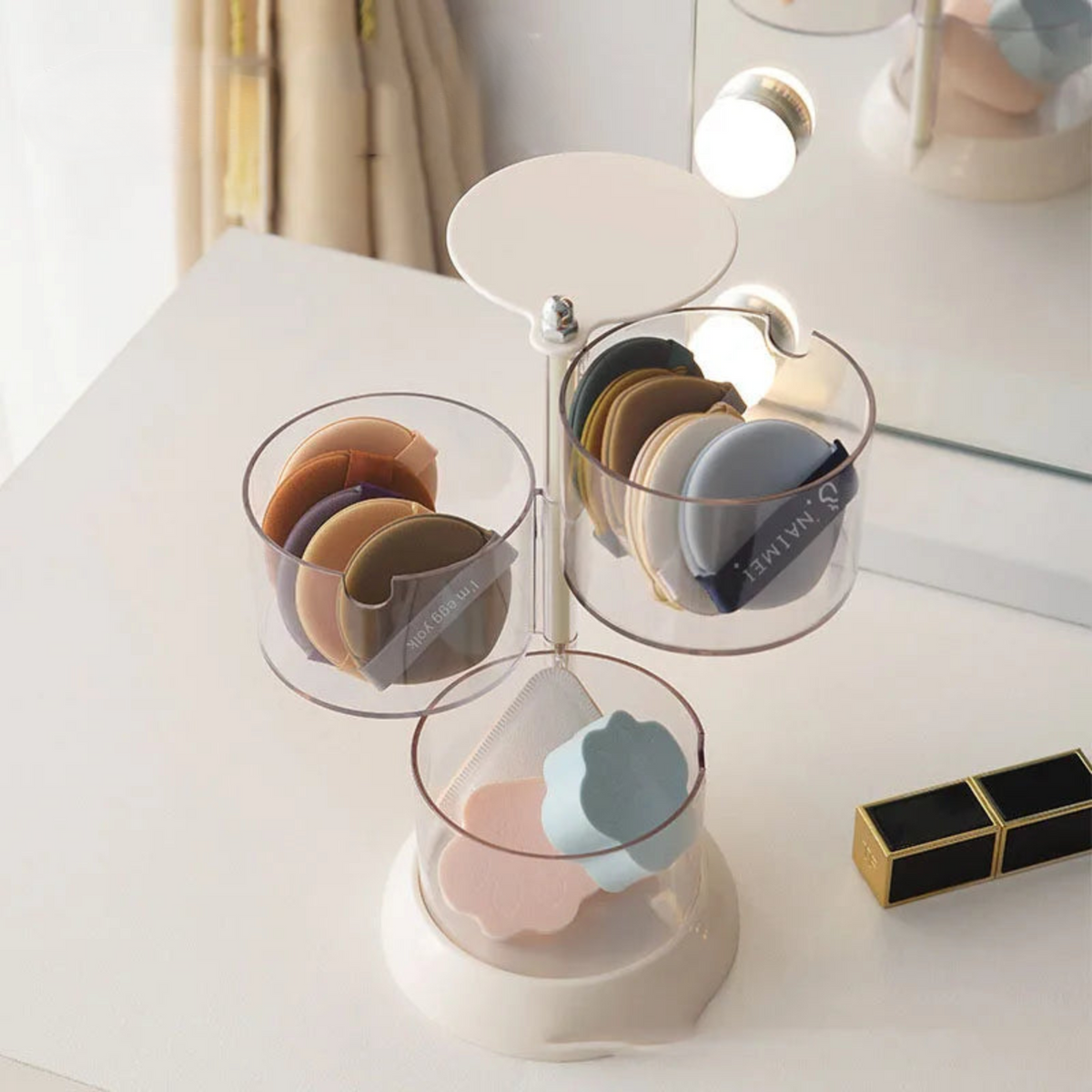 Rotatable Stackable Makeup Sponge Organizer with Dustproof Clear Storage Design for Vanity and Cosmetics