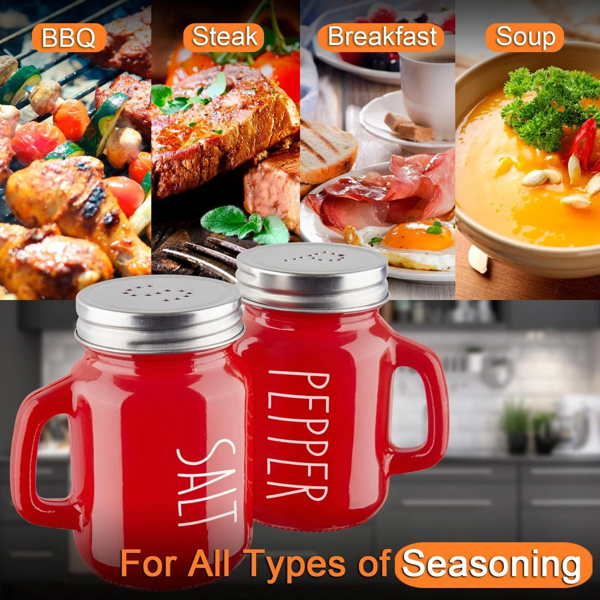 Handled Glass Shaker Set with Stainless Steel Lids for Salt Pepper and Home Table Seasoning