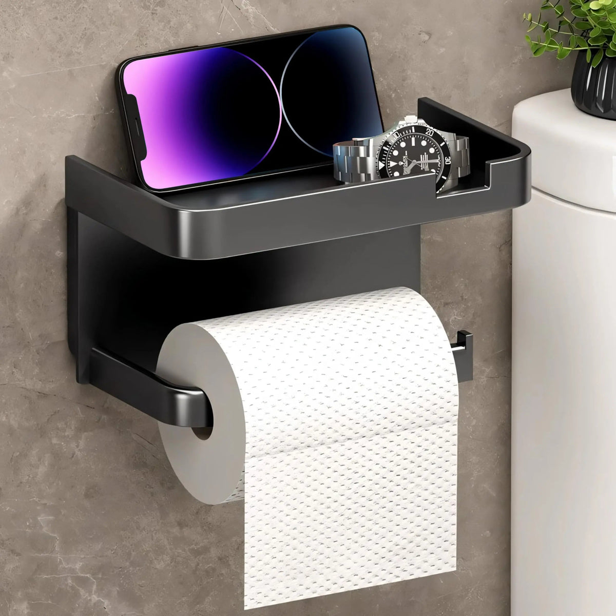 Toilet Paper Holder with Phone Shelf Space Aluminum for Bathroom Wall Mount Storage