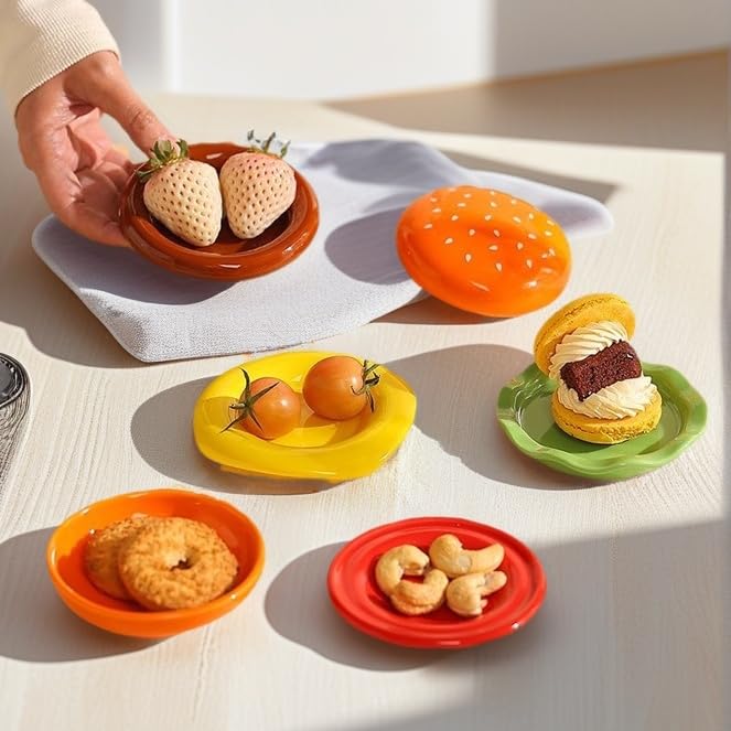 6-Pack Stackable Hamburger Plate Set with Multi Layer Ceramic Design for Dining and Table Decor