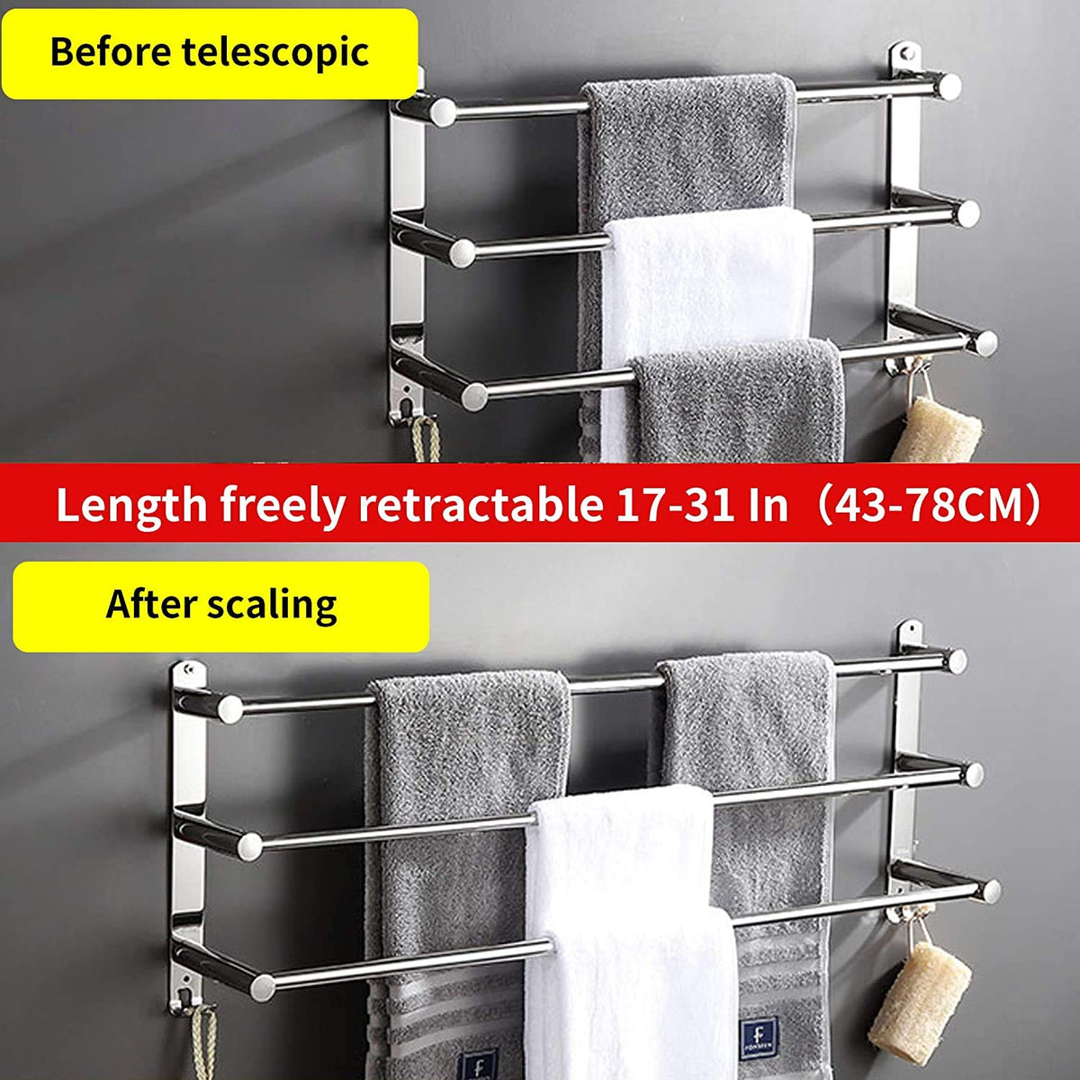 Retractable Stainless Steel Towel Bar Wall Mounted Bathroom Towel Holder with Hooks