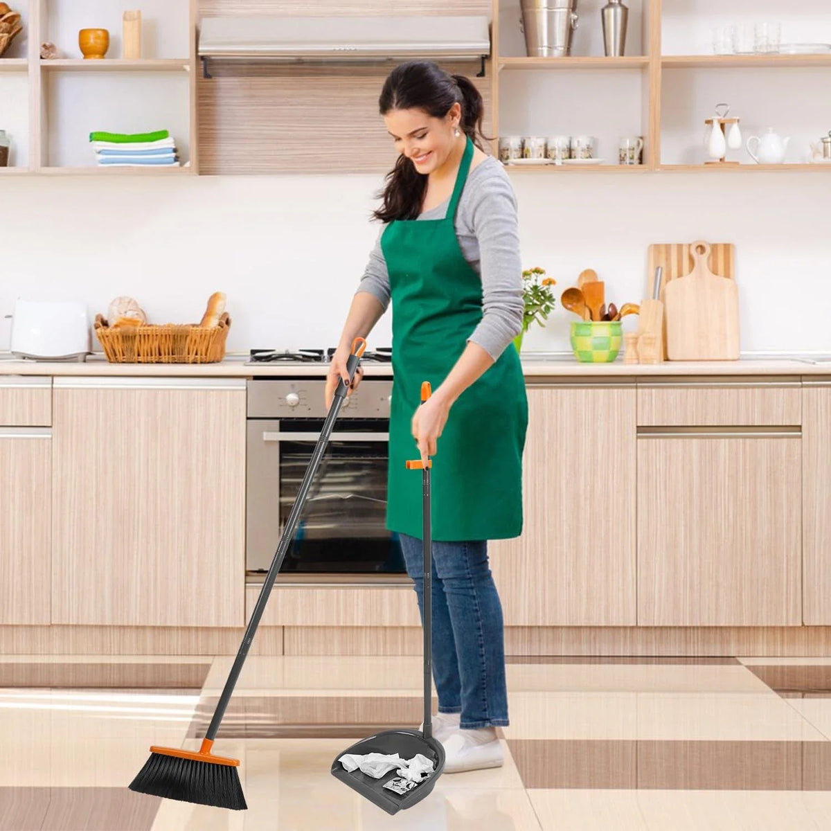 Broom and Dustpan Set with Self-Cleaning Teeth and Adjustable Handles for Indoor and Outdoor Sweeping