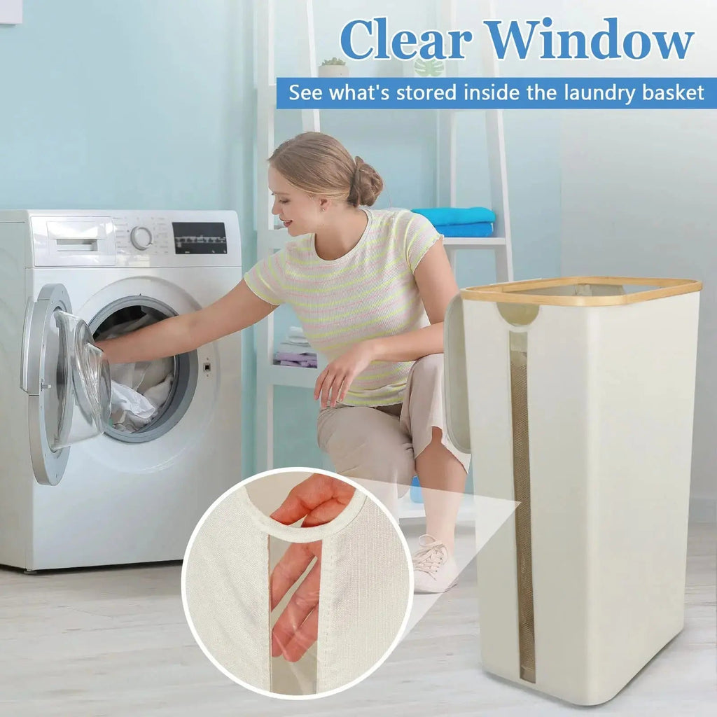 Laundry Basket with Lid and Removable Inner Bag with Bamboo Handles for Bedroom and Bathroom Use