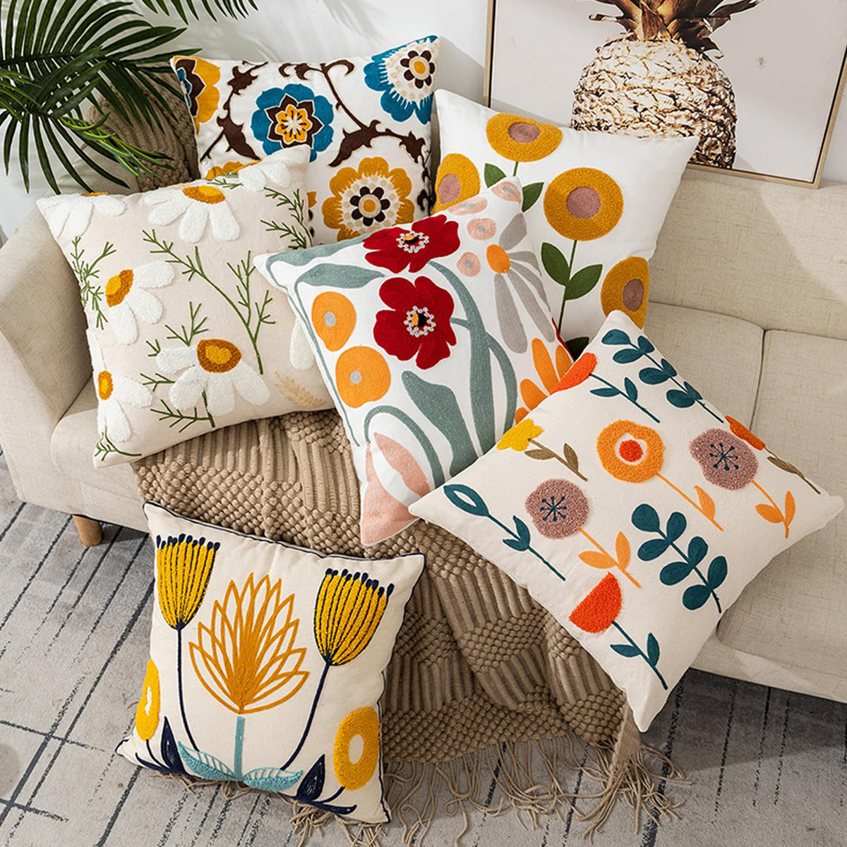 Embroidered Floral Throw Pillow Cover 18x18 Inch Cotton Canvas with Hidden Zipper for Sofa, Bed, and Living Room Decor