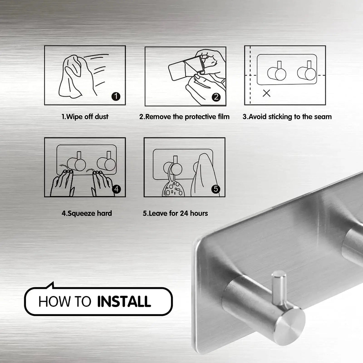 Self Adhesive Stainless Steel Hooks with Brushed Finish for Bathroom Kitchen and Key Storage