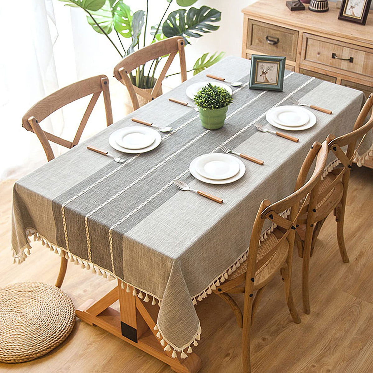 Linen Table Cloth Farmhouse Cotton Blend with Water Resistant Coating and Tassel Edges for Dining Table