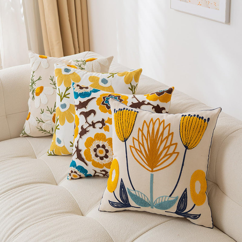 Embroidered Floral Throw Pillow Cover 18x18 Inch Cotton Canvas with Hidden Zipper for Sofa, Bed, and Living Room Decor