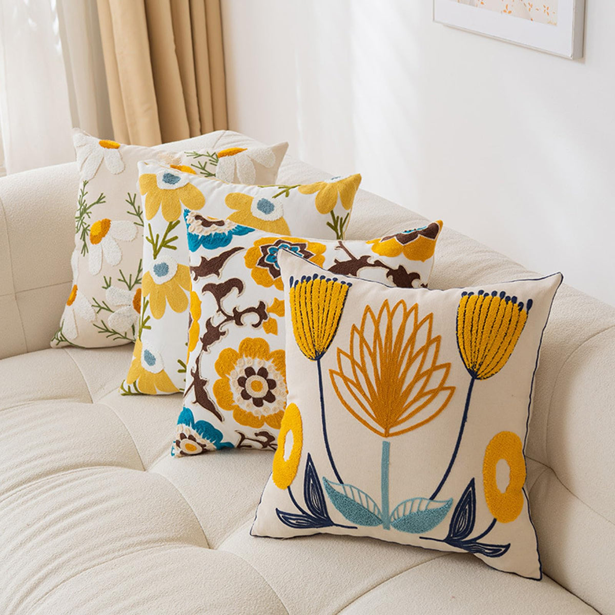 Embroidered Floral Throw Pillow Cover 18x18 Inch Cotton Canvas with Hidden Zipper for Sofa, Bed, and Living Room Decor