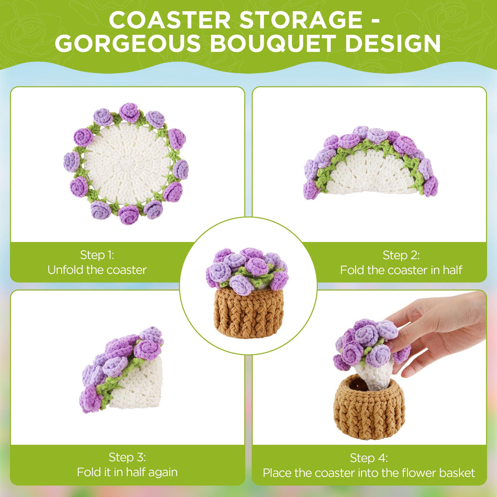 Rose Crochet Coasters with Plant Pot Holder for Coffee Table and Home Office Decor with Size 4.7×4.7×1.2" (12×12×3cm)