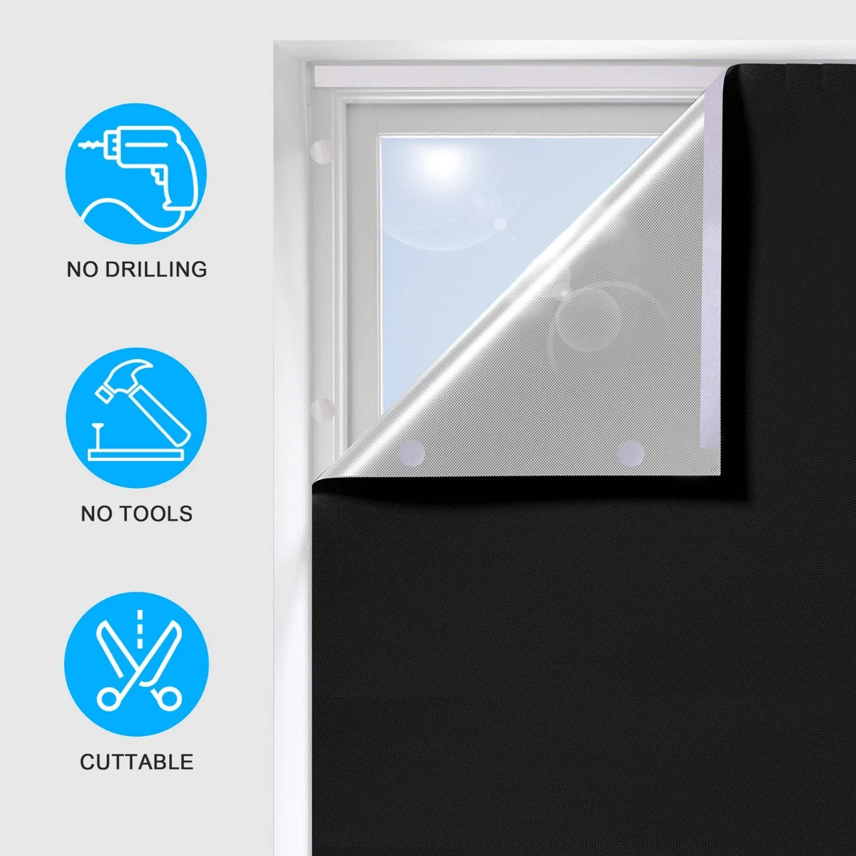 Blackout Window Cover with Removable Hook and Loop Fasteners for Temporary Window Coverage