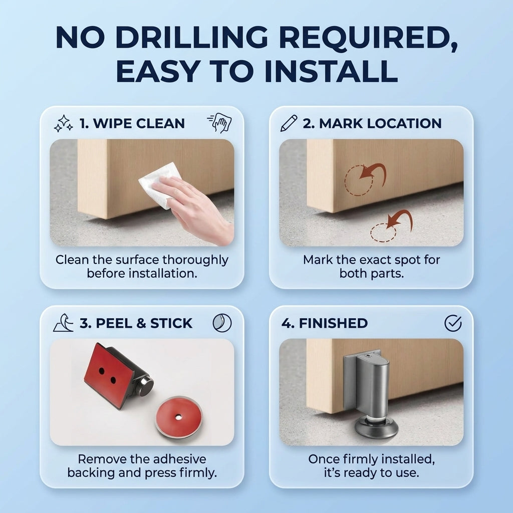 Magnetic Door Stopper with No Drill Adhesive Design for Floor Mounted Door Control