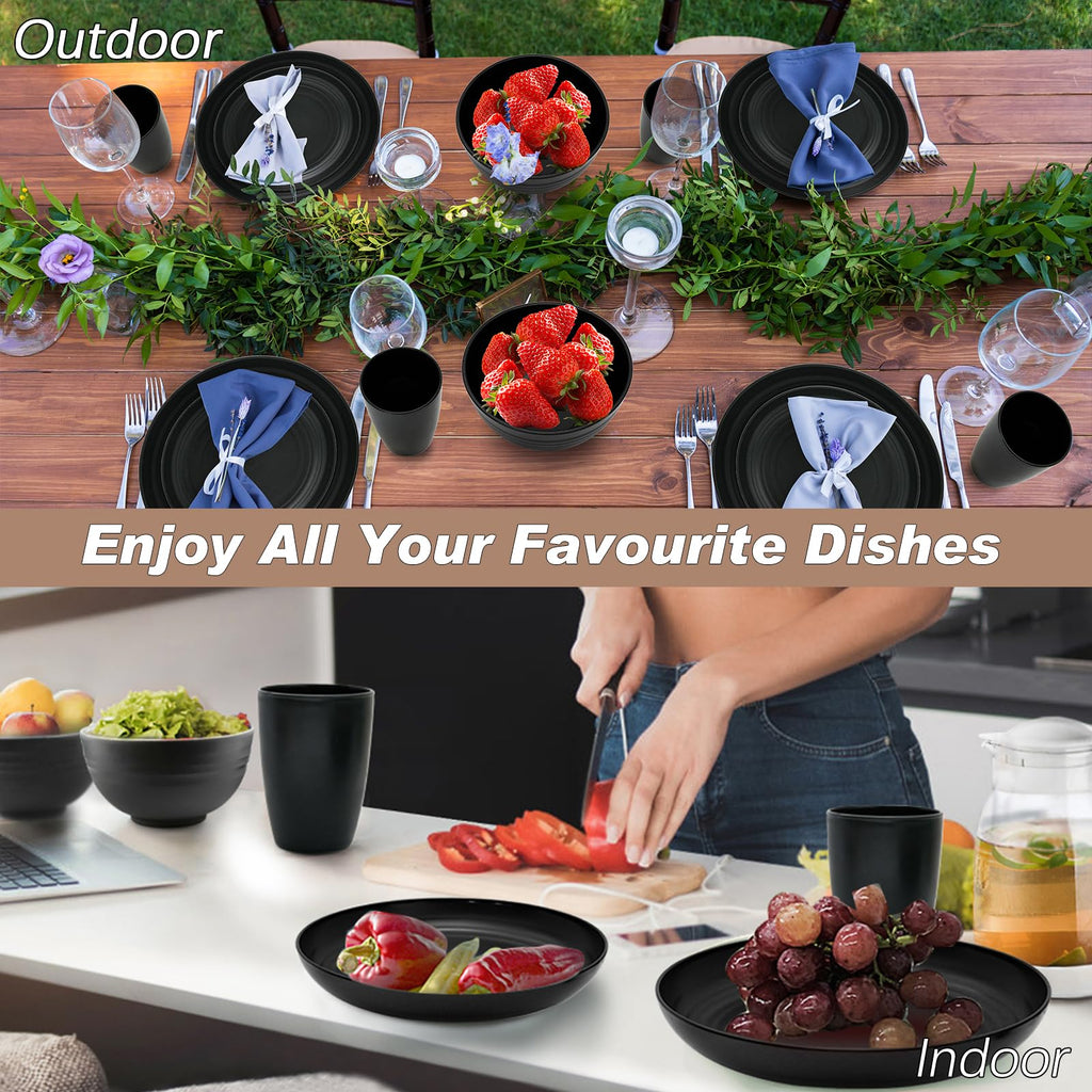 Reusable Plastic Tableware Set with Dinner Plates, Side Plates, Bowls, and Cups, Perfect for Family Picnics, Camping, or School Use